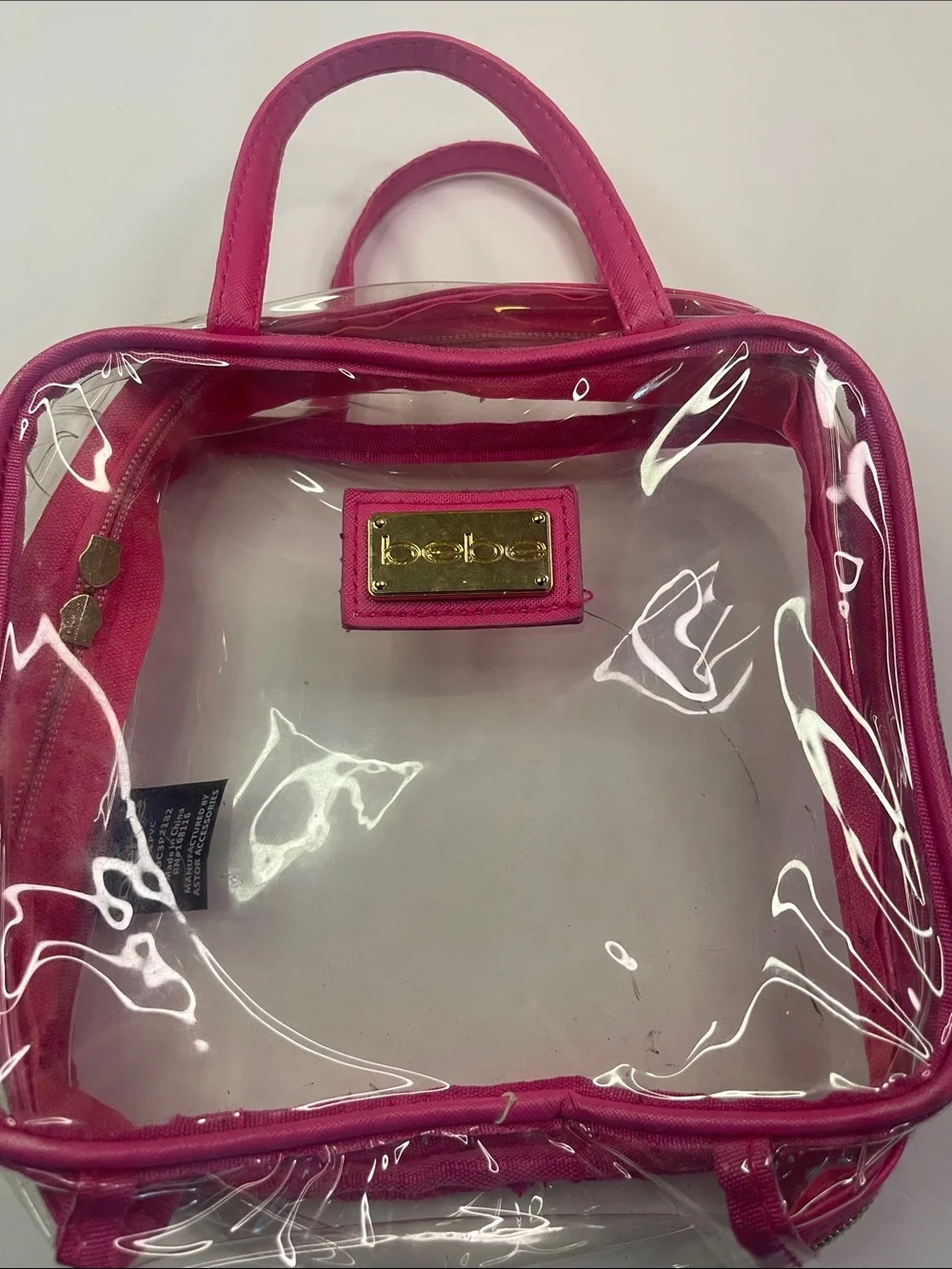 bebe Hot Pink Clear Cosmetic Tote with Gold Logo Plaque